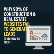 A dark blue construction-themed background with the text “Why 90% of Construction & Real Estate Websites Fail to Generate Leads (and How to Fix It)” in bold white and yellow letters. On the right side, a computer screen shows a declining graph and a house icon, symbolizing underperforming real estate websites.