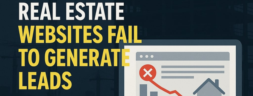 A dark blue construction-themed background with the text “Why 90% of Construction & Real Estate Websites Fail to Generate Leads (and How to Fix It)” in bold white and yellow letters. On the right side, a computer screen shows a declining graph and a house icon, symbolizing underperforming real estate websites.