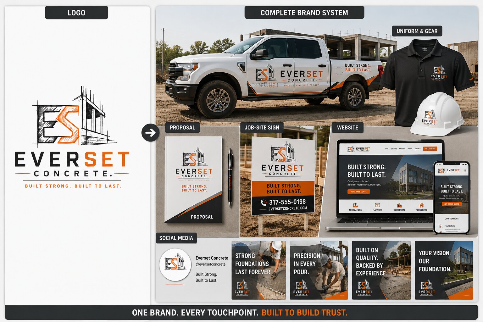 Contractor logo transformed into a complete brand identity system with branded truck, uniform, hard hat, proposal, job-site sign, website and social media