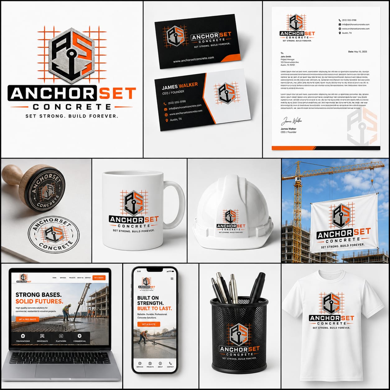 Professional contractor brand identity system with logo, colors, typography, business cards, uniform, branded truck, yard sign and responsive website design