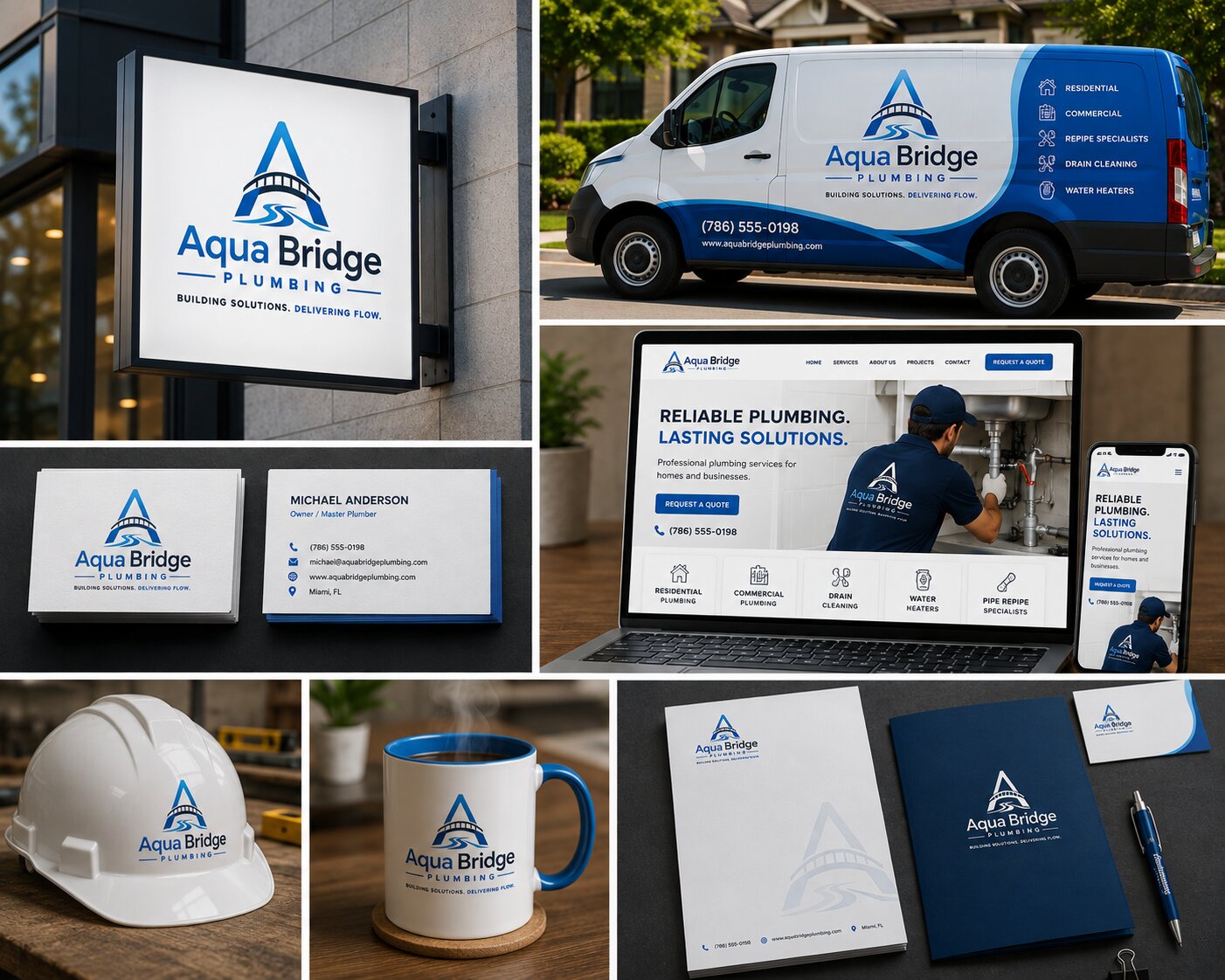 Professional contractor branding for U.S. construction companies featuring branded truck, job-site signage, apparel and website design.