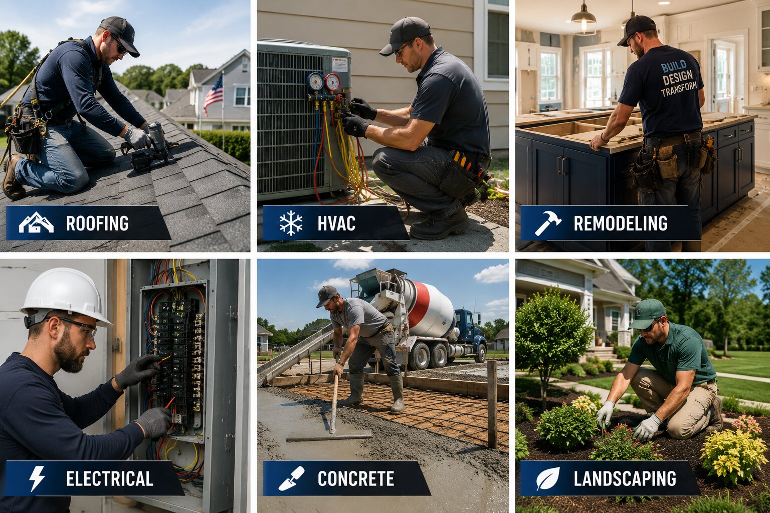 U.S. contractors at work including roofing, HVAC, remodeling, electrical, concrete and landscaping professionals