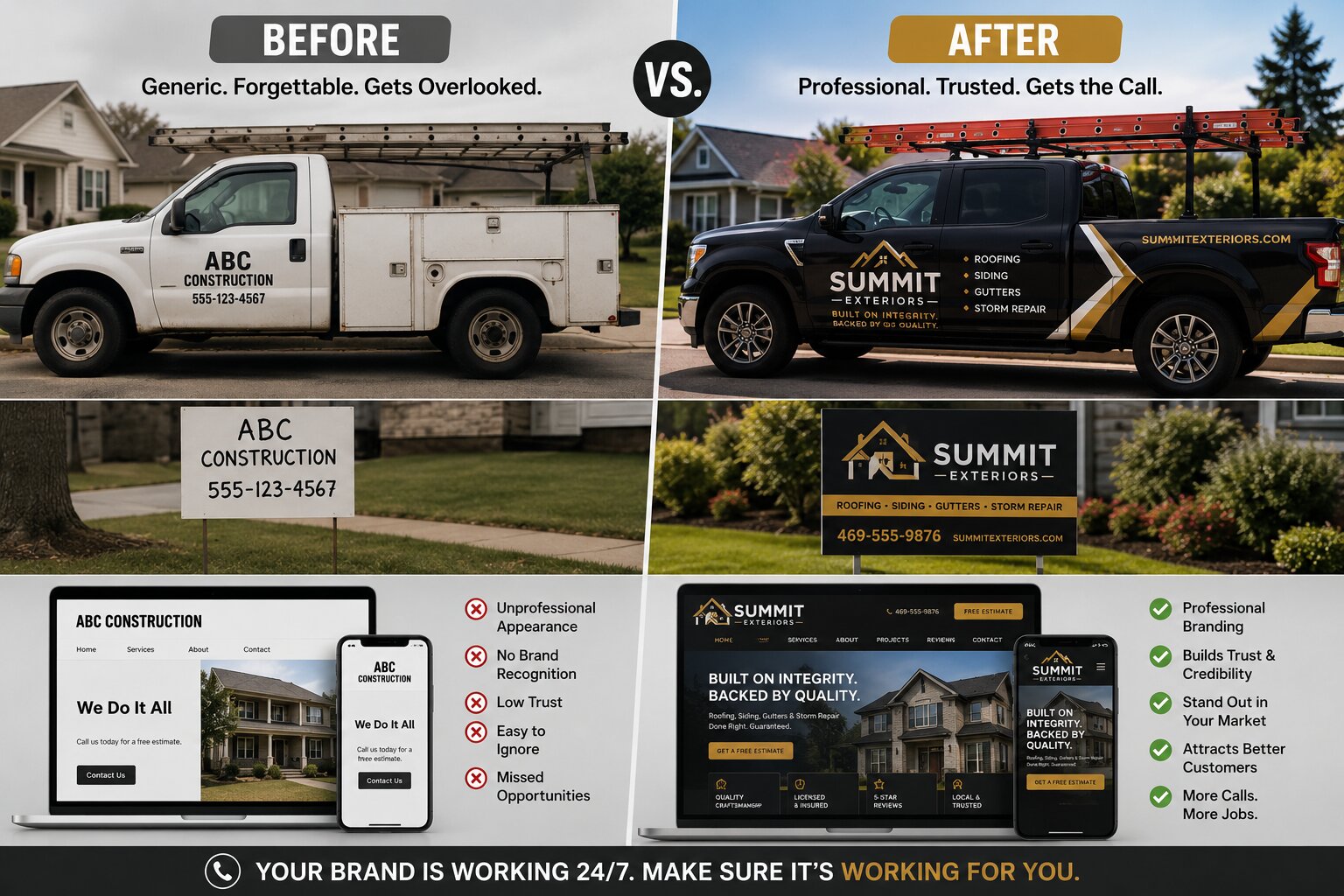 Before and after contractor branding comparison showing a generic work truck and website transformed into professional truck branding, yard signs and a modern contractor website