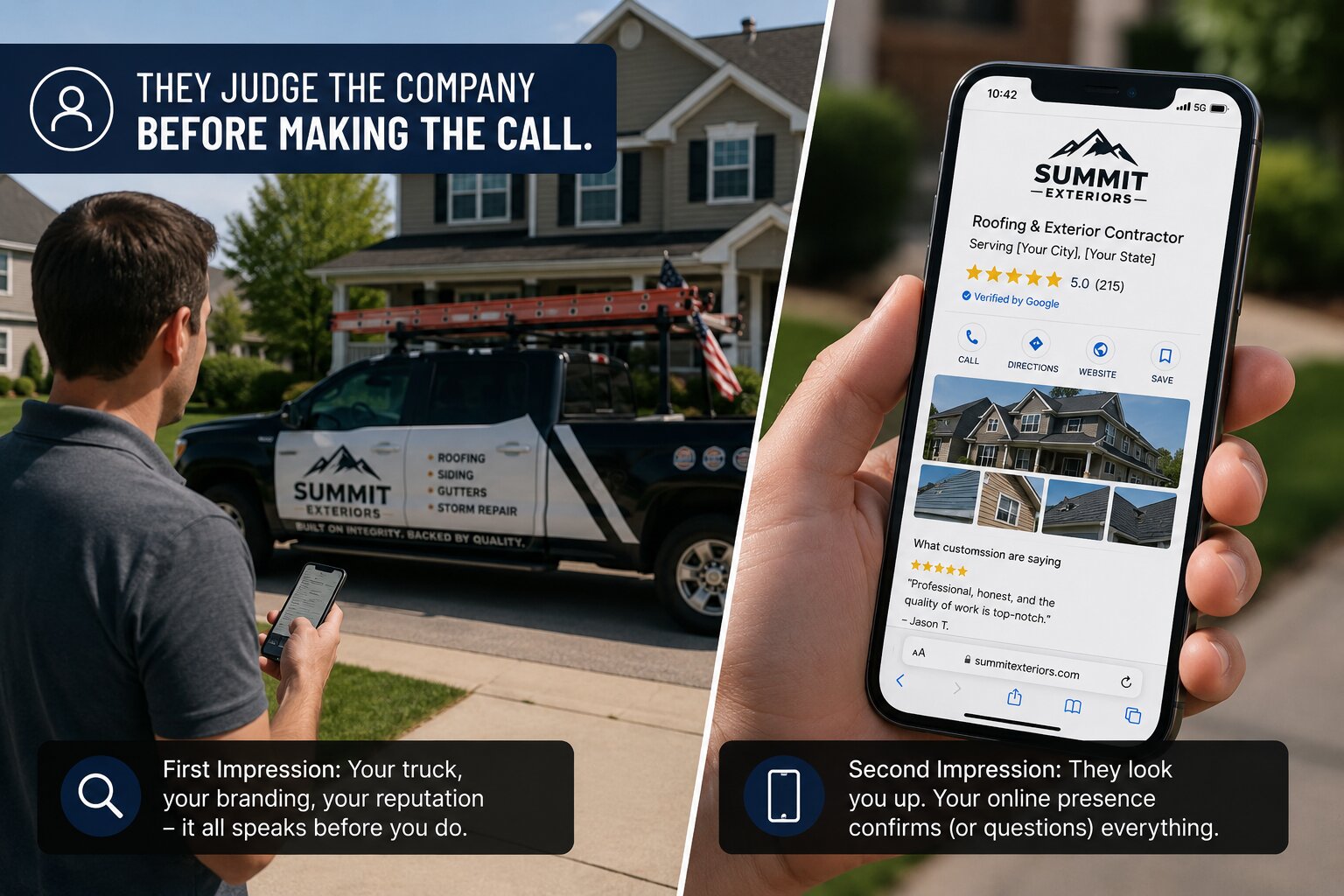 Homeowner evaluating a professionally branded contractor truck and online presence before hiring a contractor in the USA