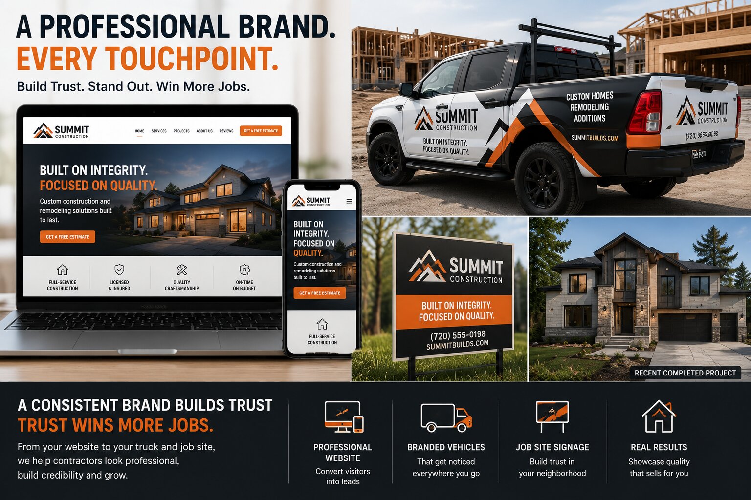 U.S. contractor branding shown across a professional website, mobile site, branded work truck, job-site sign and completed construction project