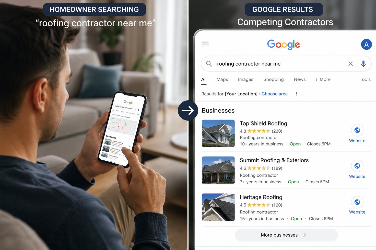 Contractor Local SEO – Google Near Me Search Results USA Homeowner searching for a roofing contractor near me on Google and comparing local roofing companies in the USA