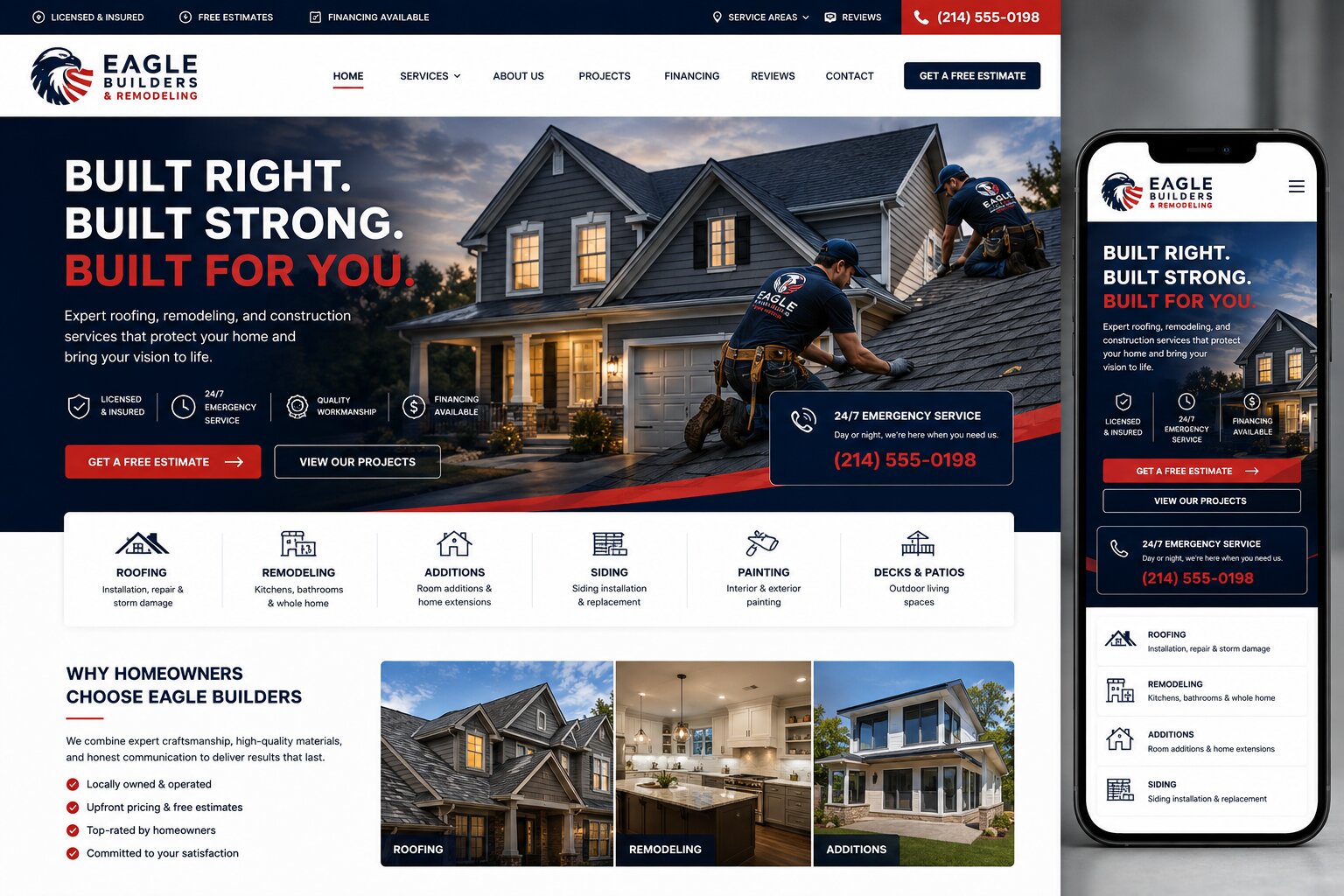 Responsive contractor website design for U.S. roofing, remodeling and construction companies on desktop and mobile