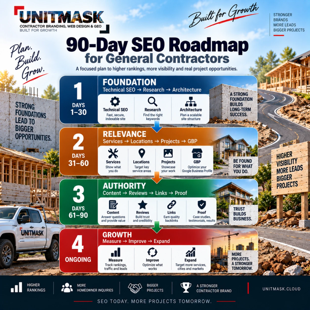 90-Day SEO Roadmap for General Contractors 90-day general contractor SEO roadmap covering technical SEO, local relevance, authority, and growth