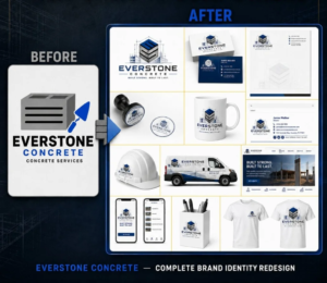 Concrete Contractor Brand Identity Redesign | Everstone Concrete Before and after brand identity redesign for Everstone Concrete, a U.S. concrete contractor, featuring logo, business cards, stationery, uniforms, vehicle graphics and website design.