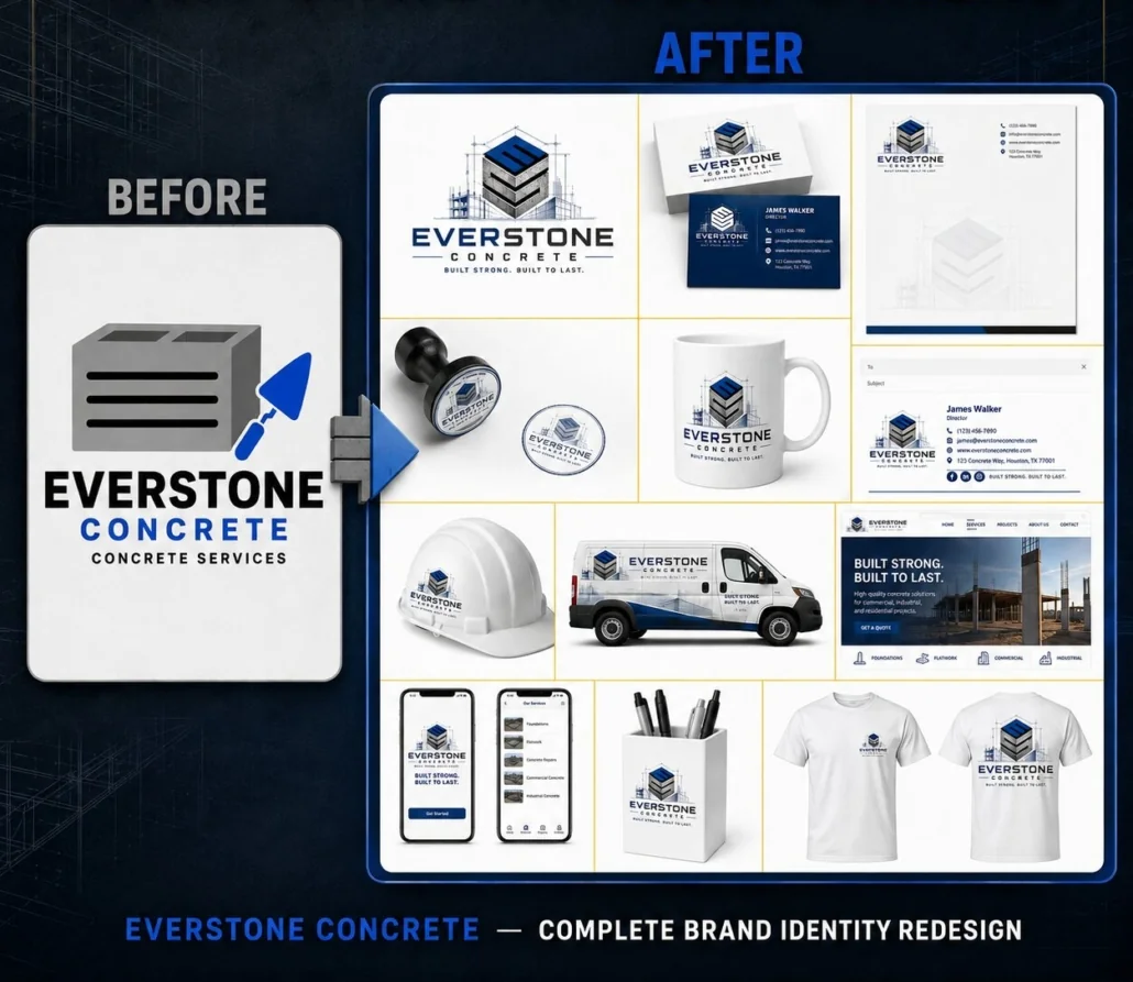 Concrete Contractor Brand Identity Redesign | Everstone Concrete Before and after brand identity redesign for Everstone Concrete, a U.S. concrete contractor, featuring logo, business cards, stationery, uniforms, vehicle graphics and website design.