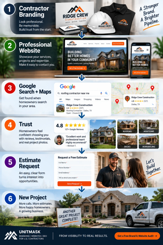 Contractor Branding, Website and SEO Lead Generation Journey Contractor marketing journey from professional branding and website design to Google Search and Maps visibility, trust, estimate requests, and new projects.