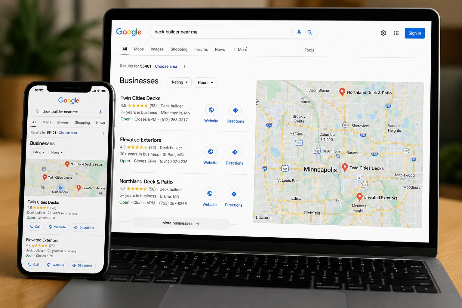 contractor-local-seo-google-maps-usa Google local search and Maps results for a U.S. contractor displayed on laptop and mobile