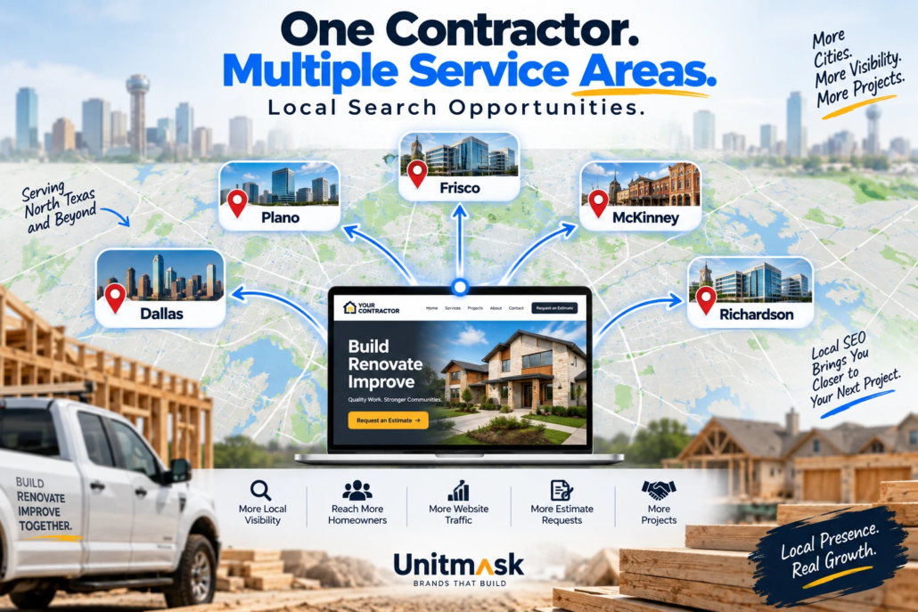 Contractor Local SEO for Multiple Service Areas Contractor local SEO service area map connecting Dallas, Plano, Frisco, McKinney, and Richardson to one contractor website