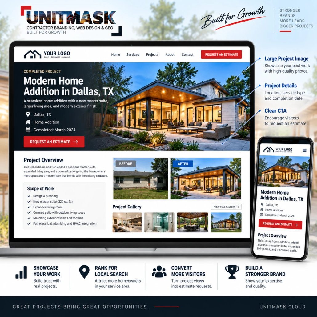 Contractor Project Page SEO Example SEO-friendly contractor project page with project details, before and after photos, and estimate CTA