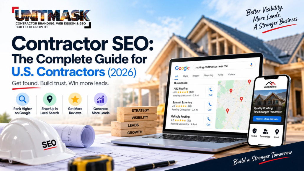 contractor-seo-complete-guide-us-contractors-2026 Contractor SEO guide for U.S. contractors showing Google local search results, contractor website, Google Maps, reviews, and lead generation.