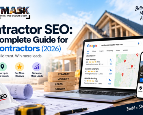 Contractor SEO guide for U.S. contractors showing Google local search results, contractor website, Google Maps, reviews, and lead generation.