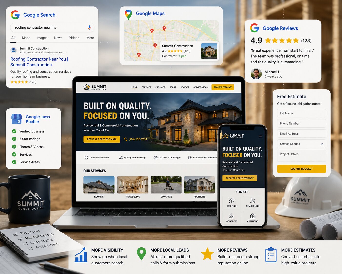 contractor-seo-google-search-maps-website-leads-usa U.S. contractor website connected to Google Search, Maps, reviews and online estimate requests