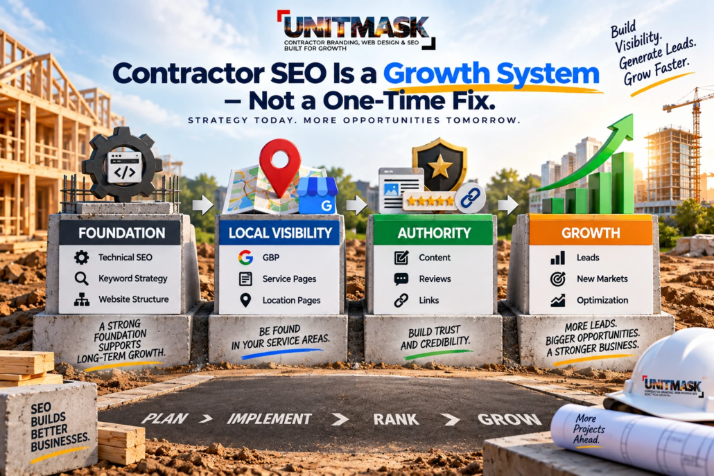 Contractor SEO Growth System – Foundation to Leads Contractor SEO growth system showing technical SEO, local visibility, authority building, and lead generation as four stages of long-term growth