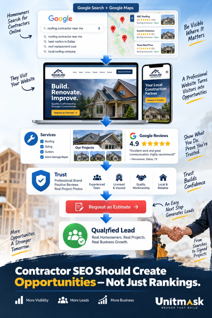 How Contractor SEO Turns Google Visibility Into Qualified Leads Contractor SEO journey from Google Search and Maps to website trust, estimate requests, and qualified leads