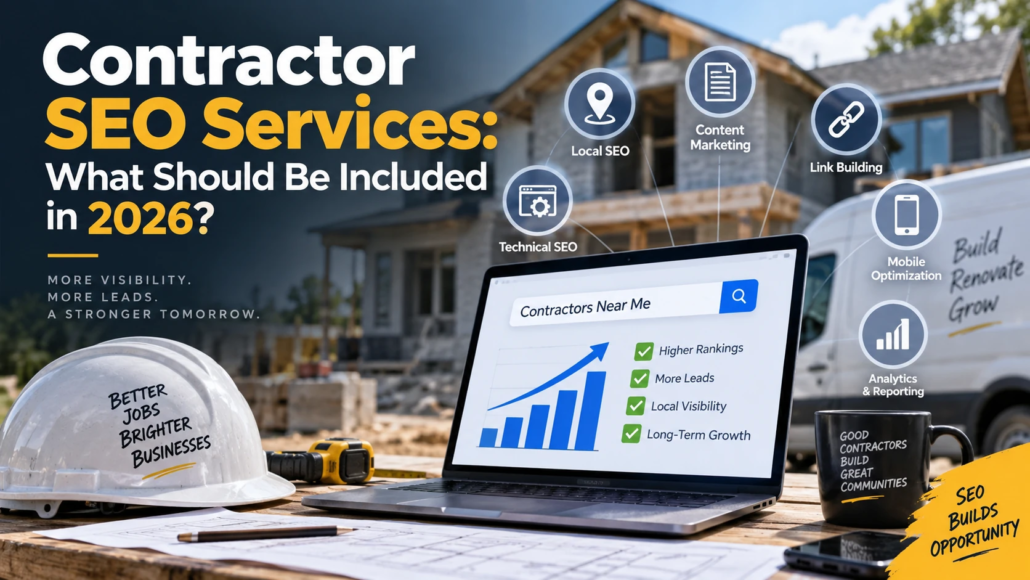 What Is Included in Contractor SEO? 2026 Guide for U.S. Contractors What is included in contractor SEO in 2026? For U.S. contractors, effective SEO goes far beyond rankings. It combines local visibility, website optimization, service and location pages, content, reviews, authority building, and lead tracking to turn Google searches into real business opportunities.
