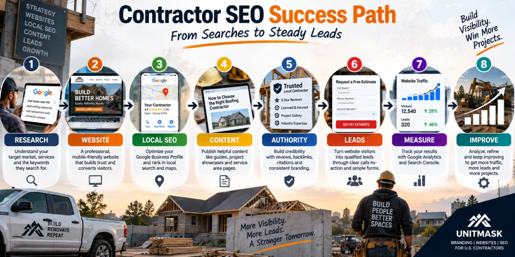 Contractor SEO Success Strategy for U.S. Contractors Contractor SEO strategy showing research, website optimization, local SEO, content, authority, leads, measurement, and continuous improvement.