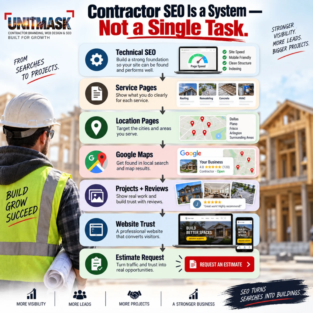 Contractor SEO system showing technical SEO, service pages, location pages, Google Maps, reviews and estimate requests