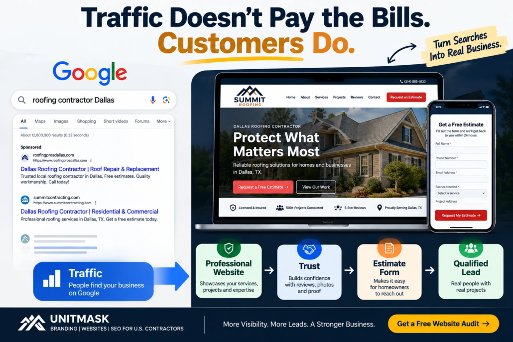Contractor SEO funnel showing Google traffic moving to a professional contractor website, building trust, generating estimate requests, and creating qualified leads.