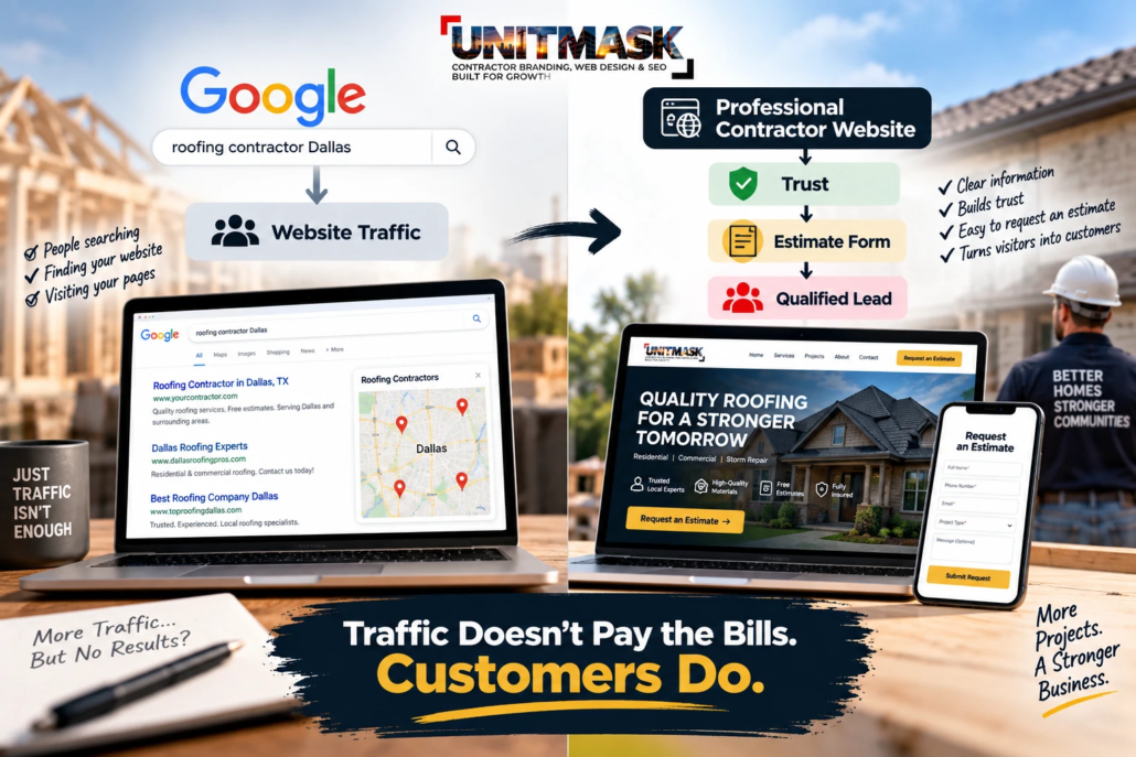 How Contractor SEO Turns Website Traffic Into Qualified Leads Contractor SEO showing Google traffic converting through a professional website, trust signals, estimate form, and qualified lead