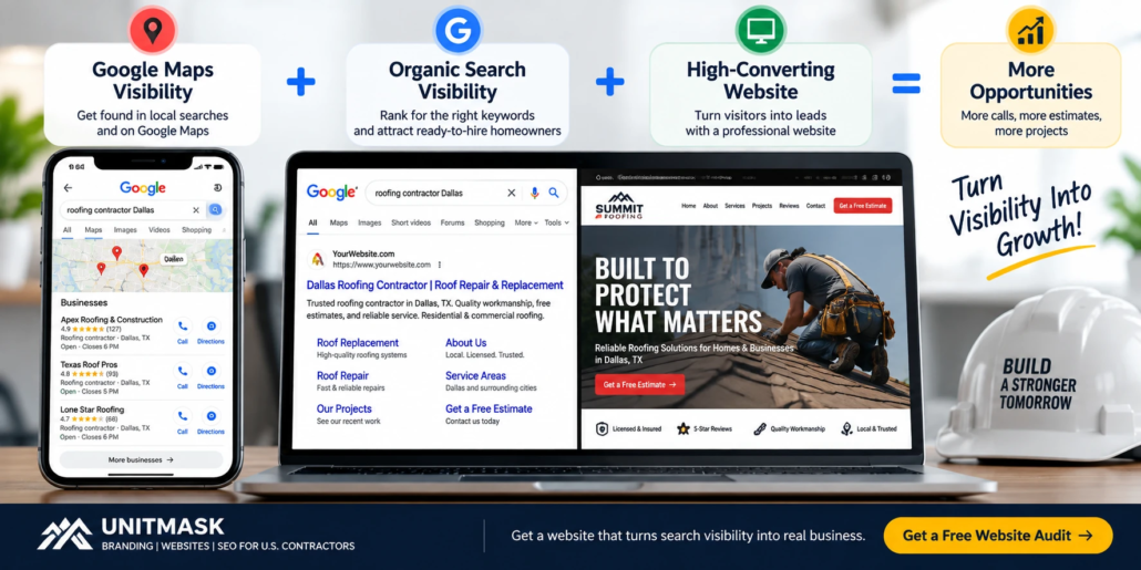 Contractor SEO strategy showing Google Maps visibility, organic search rankings, and a high-converting contractor website generating more opportunities.