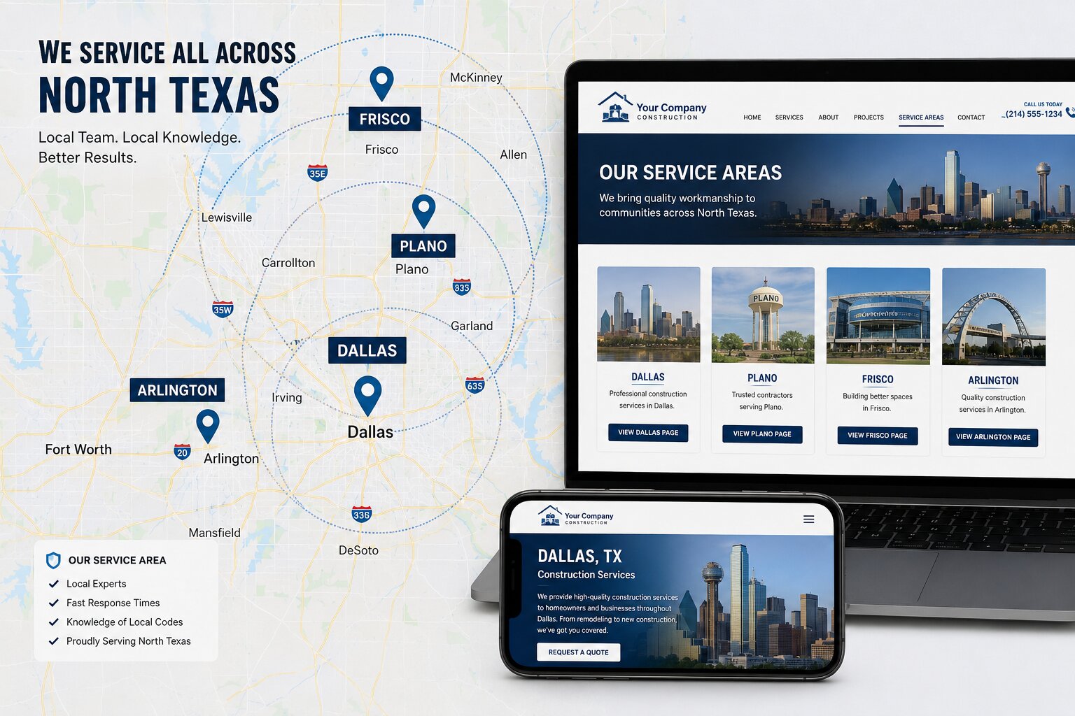 contractor-service-area-location-pages-local-seo-texas Contractor service area SEO map showing Dallas, Plano, Frisco and Arlington location pages