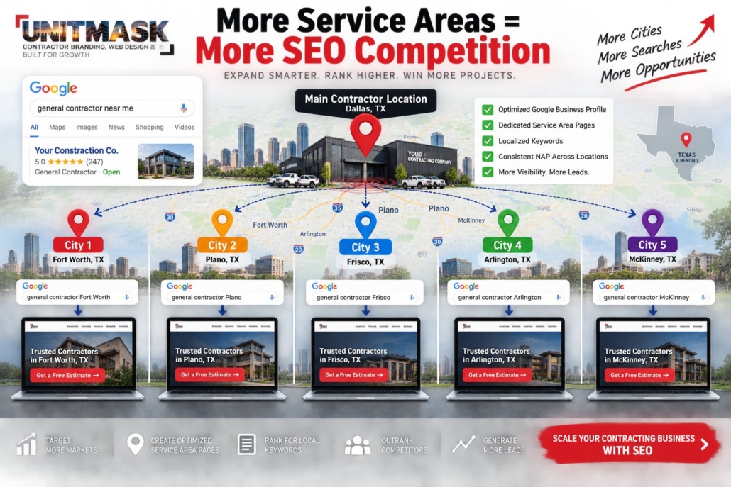 Contractor Service Area SEO Competition in the U.S. U.S. contractor service area SEO map showing one main business location connected to optimized city pages and local Google searches.