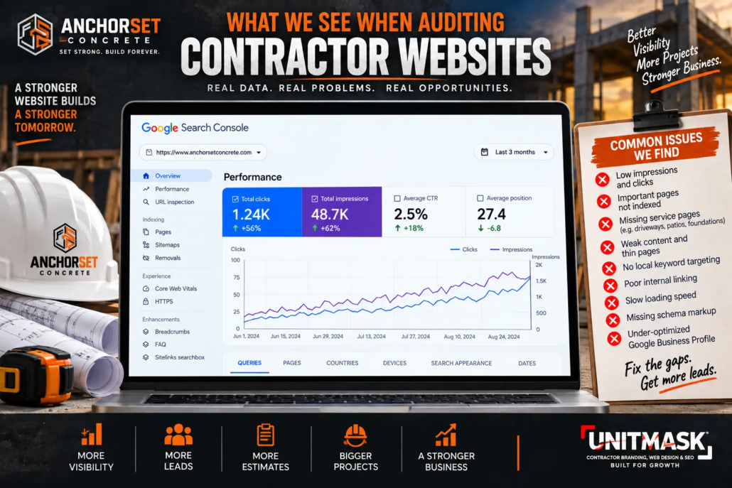Contractor website SEO audit showing Google Search Console data, indexing issues, service page gaps, local keywords, internal linking and technical SEO problems.
