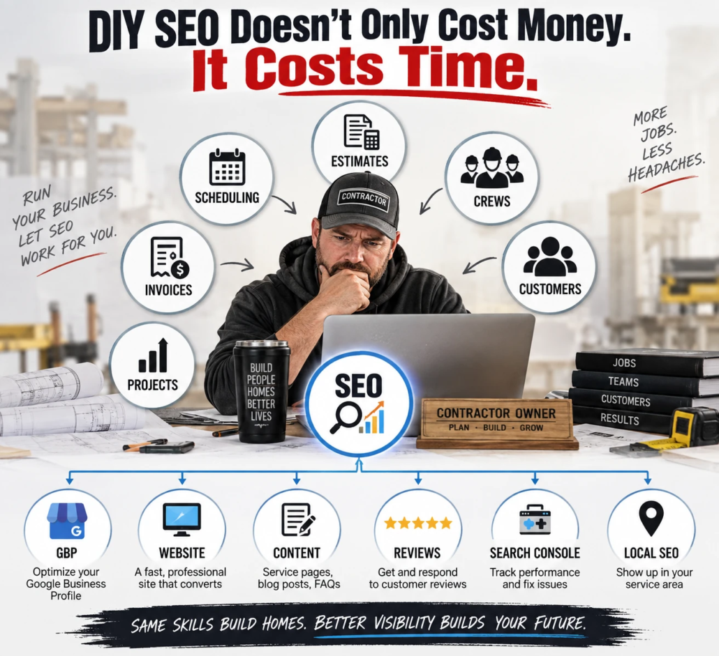 Contractor owner managing estimates, crews, customers, projects and DIY SEO tasks