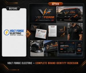 Electrical Contractor Brand Identity Redesign | Volt Forge Electric Before and after branding redesign for Volt Forge Electric, a U.S. electrical contractor, showing the new logo, service van, business cards, uniform, hard hat, signage and website.