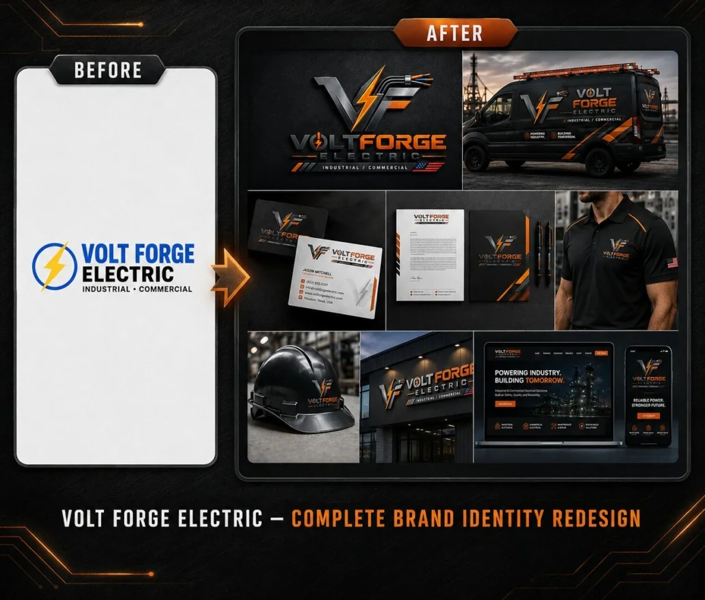 Electrical Contractor Brand Identity Redesign | Volt Forge Electric Before and after branding redesign for Volt Forge Electric, a U.S. electrical contractor, showing the new logo, service van, business cards, uniform, hard hat, signage and website.
