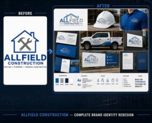 General Contractor Brand Identity Redesign | Allfield Construction Before and after brand identity redesign for Allfield Construction, a U.S. general contractor, featuring a new logo, truck graphics, business cards, uniforms, hard hats, signage and brand guidelines.