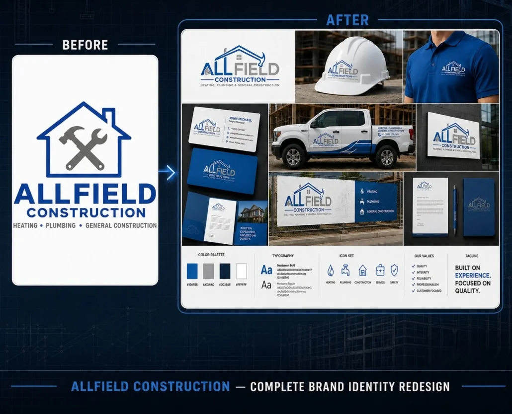General Contractor Brand Identity Redesign | Allfield Construction Before and after brand identity redesign for Allfield Construction, a U.S. general contractor, featuring a new logo, truck graphics, business cards, uniforms, hard hats, signage and brand guidelines.