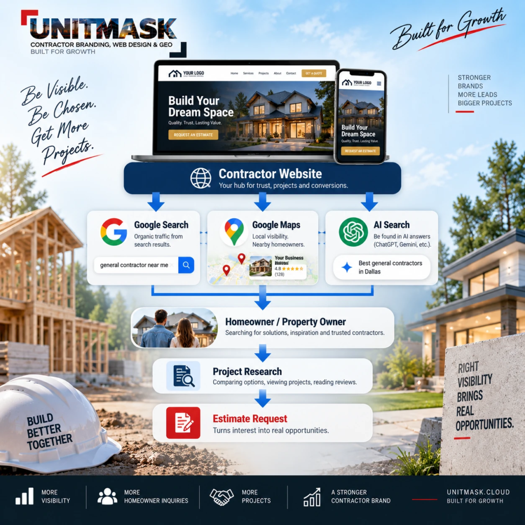 General Contractor SEO and AI Search Ecosystem General contractor SEO ecosystem connecting a website with Google Search, Google Maps, and AI search