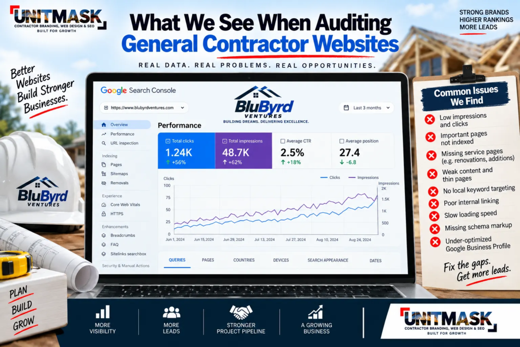 General Contractor Website SEO Audit – Google Search Console General contractor website SEO audit showing Google Search Console data, indexing issues, service page gaps, local keywords, internal links and technical SEO problems.