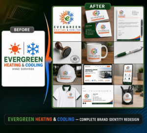 HVAC Contractor Brand Identity Redesign | Evergreen Heating & Cooling Before and after HVAC contractor branding for Evergreen Heating & Cooling in the U.S., including logo redesign, business cards, stationery, workwear, hard hat, website and mobile branding.