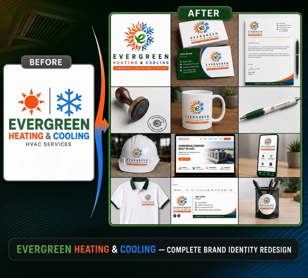 HVAC Contractor Brand Identity Redesign | Evergreen Heating & Cooling Before and after HVAC contractor branding for Evergreen Heating & Cooling in the U.S., including logo redesign, business cards, stationery, workwear, hard hat, website and mobile branding.