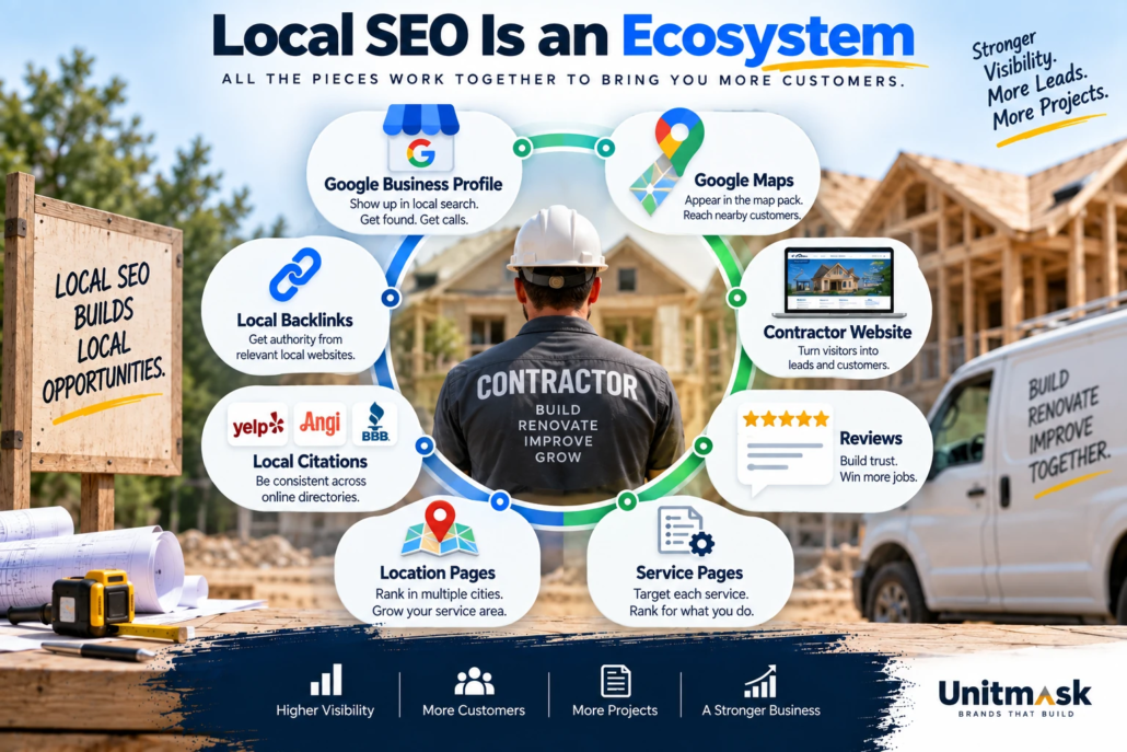 Local SEO Ecosystem for Contractors Local SEO ecosystem for contractors connecting Google Business Profile, Maps, website, reviews, service pages, location pages, citations, and backlinks