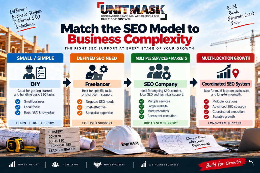 Contractor SEO decision matrix comparing DIY, freelancer, SEO company and multi-location SEO