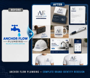 Plumbing Contractor Brand Identity Redesign | Anchor Flow Plumbing Before and after brand identity redesign for Anchor Flow Plumbing, a U.S. plumbing contractor, featuring a professional logo, business cards, stationery, hard hat, workwear and website design.
