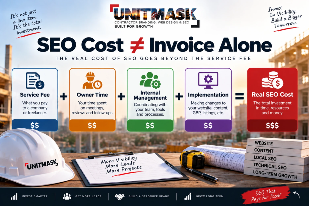 Real contractor SEO cost including service fees, owner time, internal management and implementation