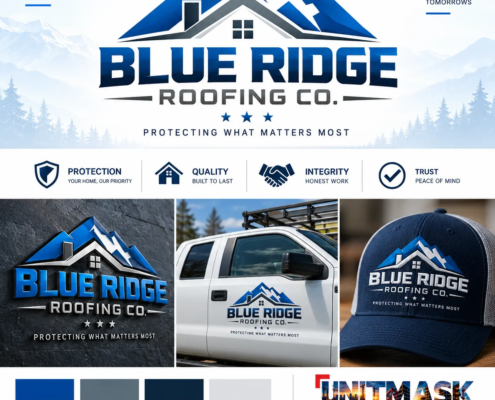 Professional roofing company branding example by Unitmask showing logo, truck and brand identity designed to build trust and support roofing SEO lead generation.