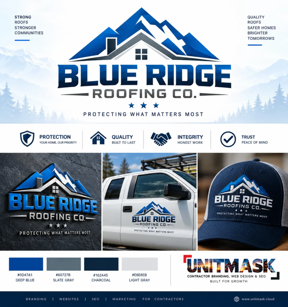 Roofing Company Branding for SEO and Lead Generation Professional roofing company branding example by Unitmask showing logo, truck and brand identity designed to build trust and support roofing SEO lead generation.