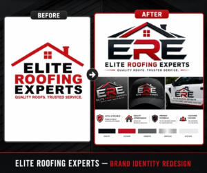 Roofing Contractor Brand Identity Redesign | Elite Roofing Experts Before and after brand identity redesign for Elite Roofing Experts, a U.S. roofing contractor, showing the redesigned logo, branded cap, work vehicle, color palette and contractor brand system.