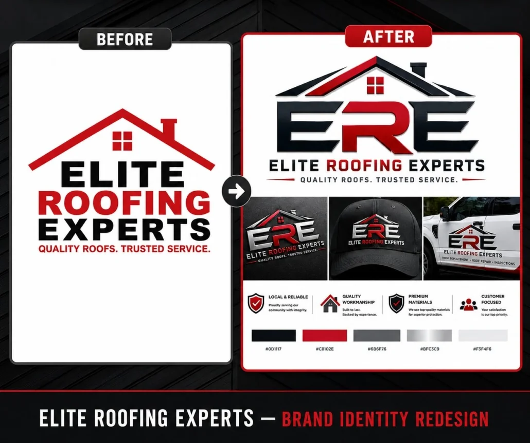 Roofing Contractor Brand Identity Redesign | Elite Roofing Experts Before and after brand identity redesign for Elite Roofing Experts, a U.S. roofing contractor, showing the redesigned logo, branded cap, work vehicle, color palette and contractor brand system.