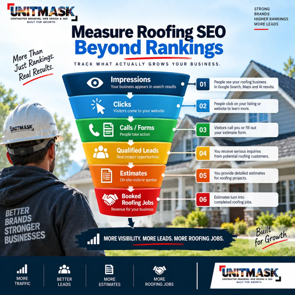 Roofing SEO KPIs: From Impressions to Booked Roofing Jobs Roofing SEO KPI funnel showing impressions, clicks, calls and forms, qualified leads, estimates and booked roofing jobs.